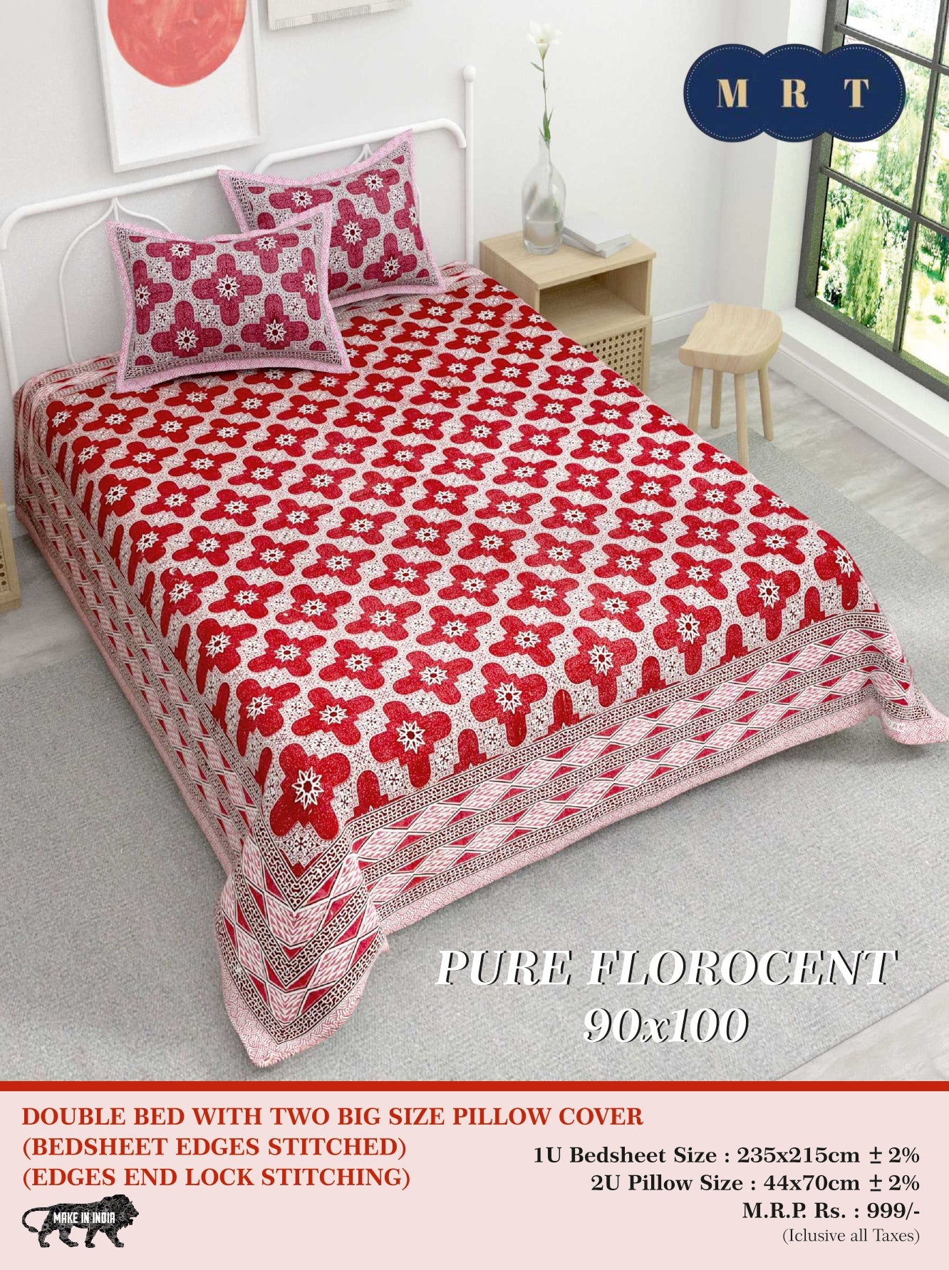 Pure florocent Queen size Double Bed Bedsheet with 2 Pillow Covers