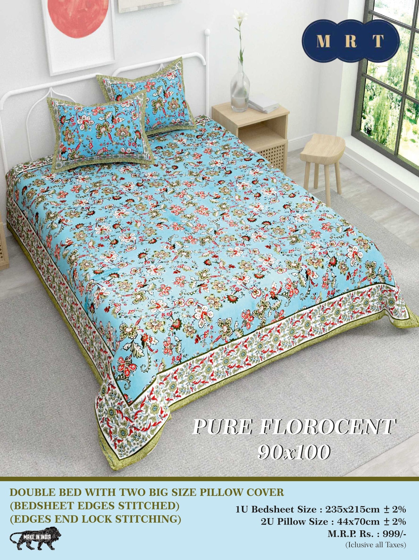 Pure florocent Queen size Double Bed Bedsheet with 2 Pillow Covers