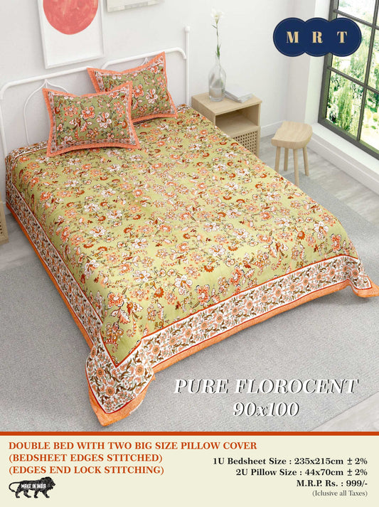 Pure florocent Queen size Double Bed Bedsheet with 2 Pillow Covers