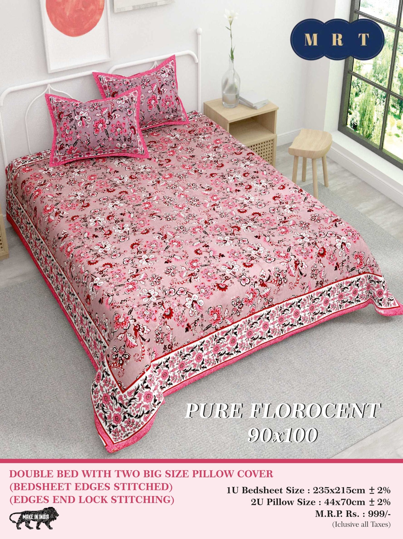 Pure florocent Queen size Double Bed Bedsheet with 2 Pillow Covers