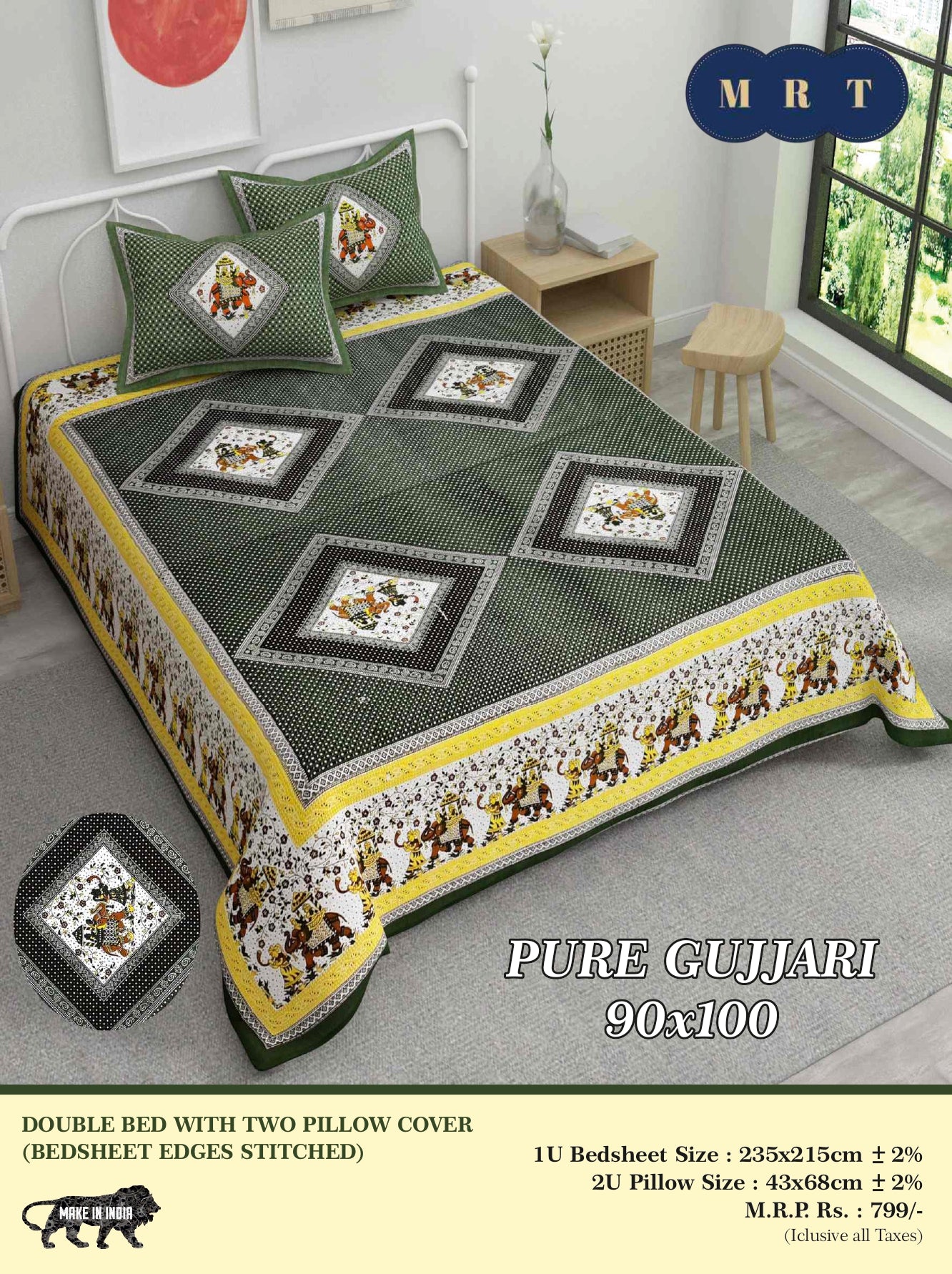 Pure Gujjari Double queen size Bedsheet with 2 Pillow Covers