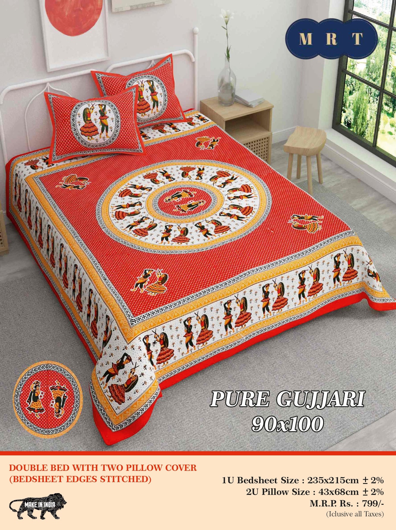 Pure Gujjari Double queen size Bedsheet with 2 Pillow Covers