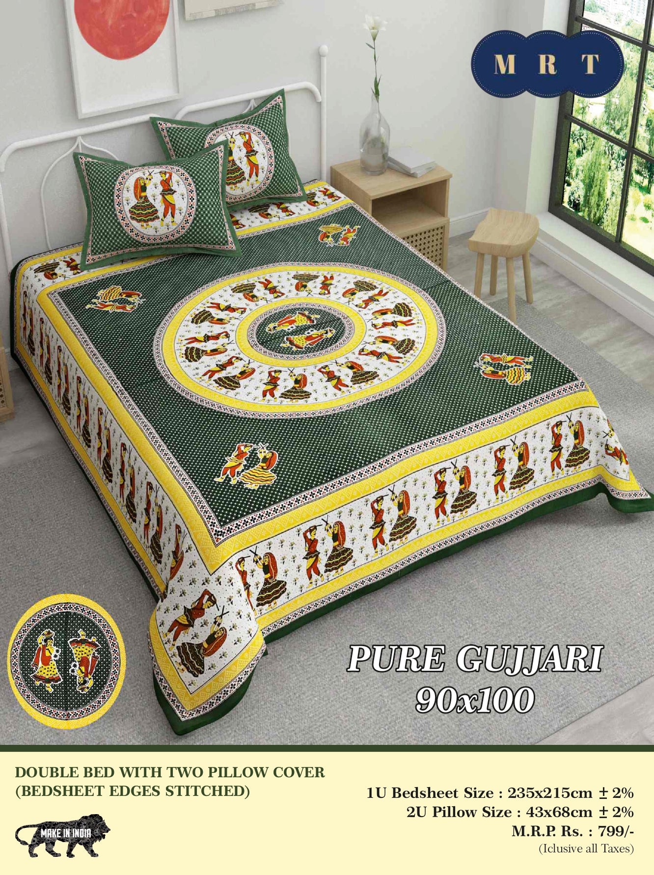 Pure Gujjari Double queen size Bedsheet with 2 Pillow Covers