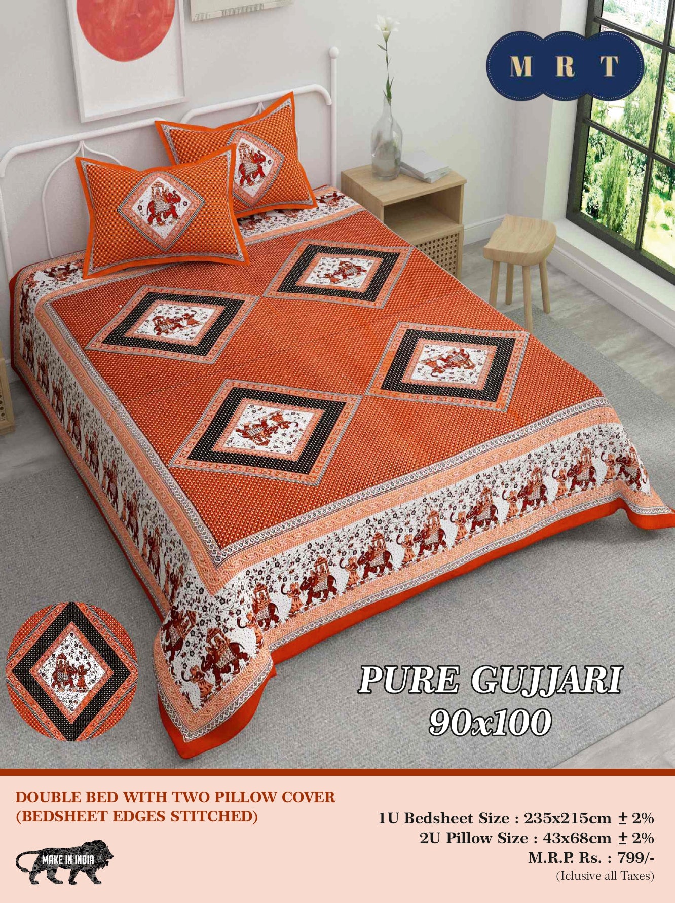 Pure Gujjari Double queen size Bedsheet with 2 Pillow Covers