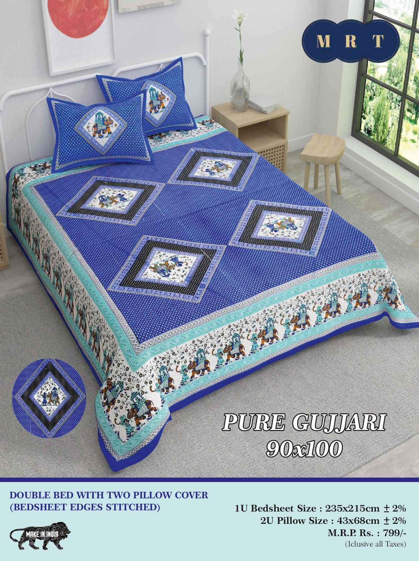 Pure Gujjari Double queen size Bedsheet with 2 Pillow Covers