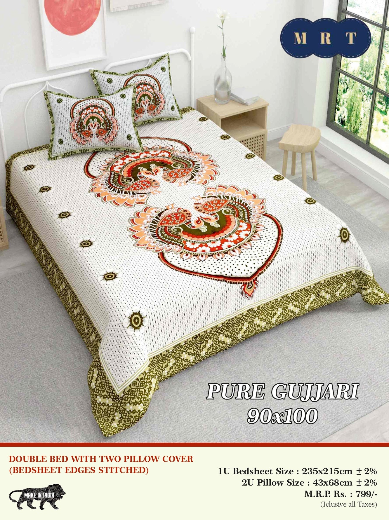 Pure Gujjari Double queen size Bedsheet with 2 Pillow Covers