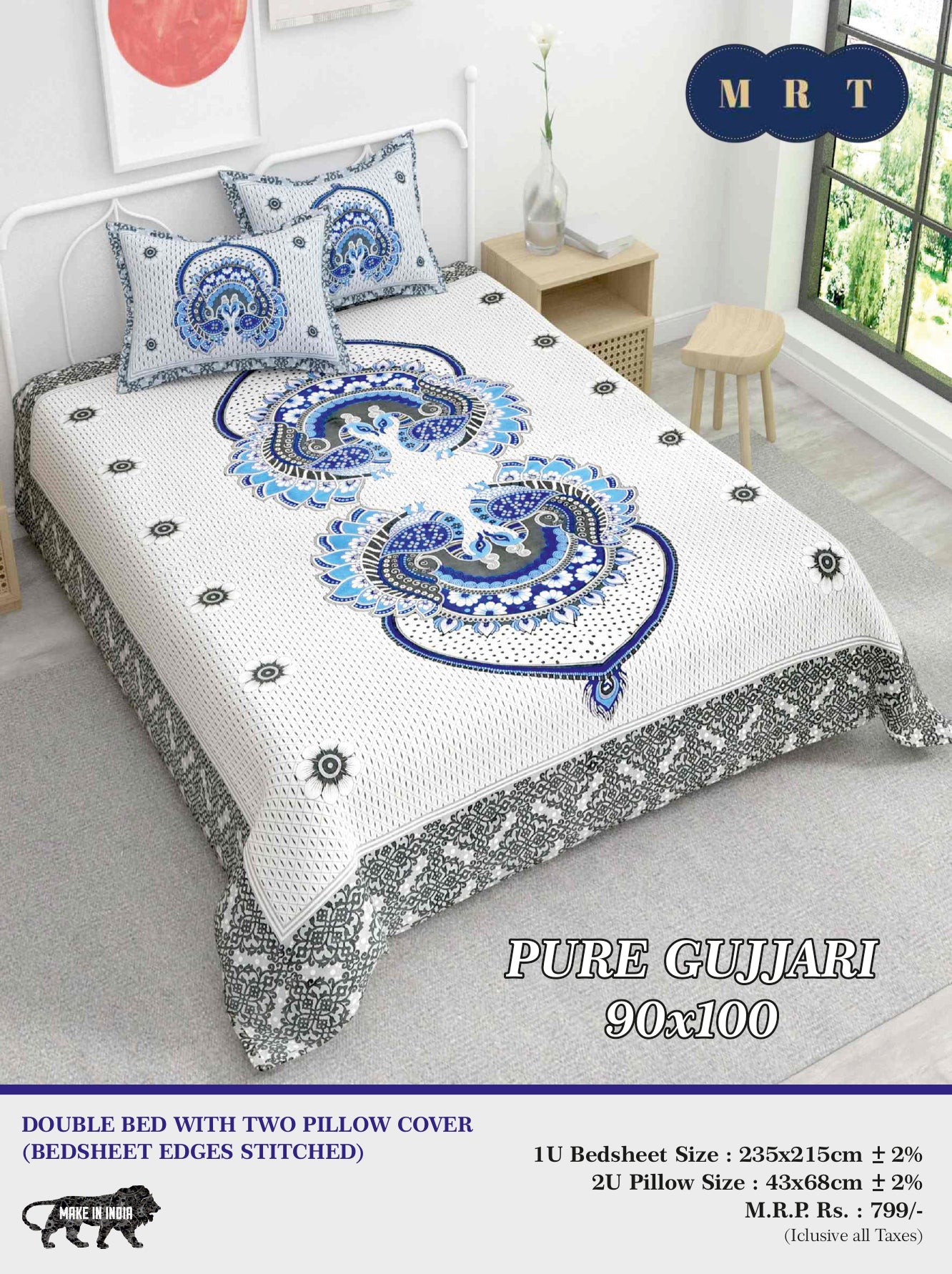 Pure Gujjari Double queen size Bedsheet with 2 Pillow Covers