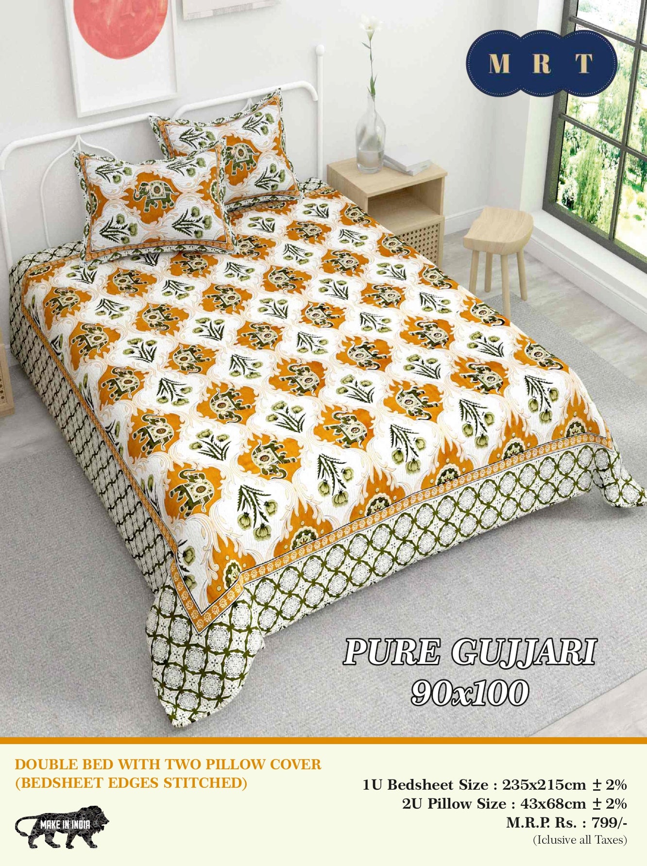 Pure Gujjari Double queen size Bedsheet with 2 Pillow Covers