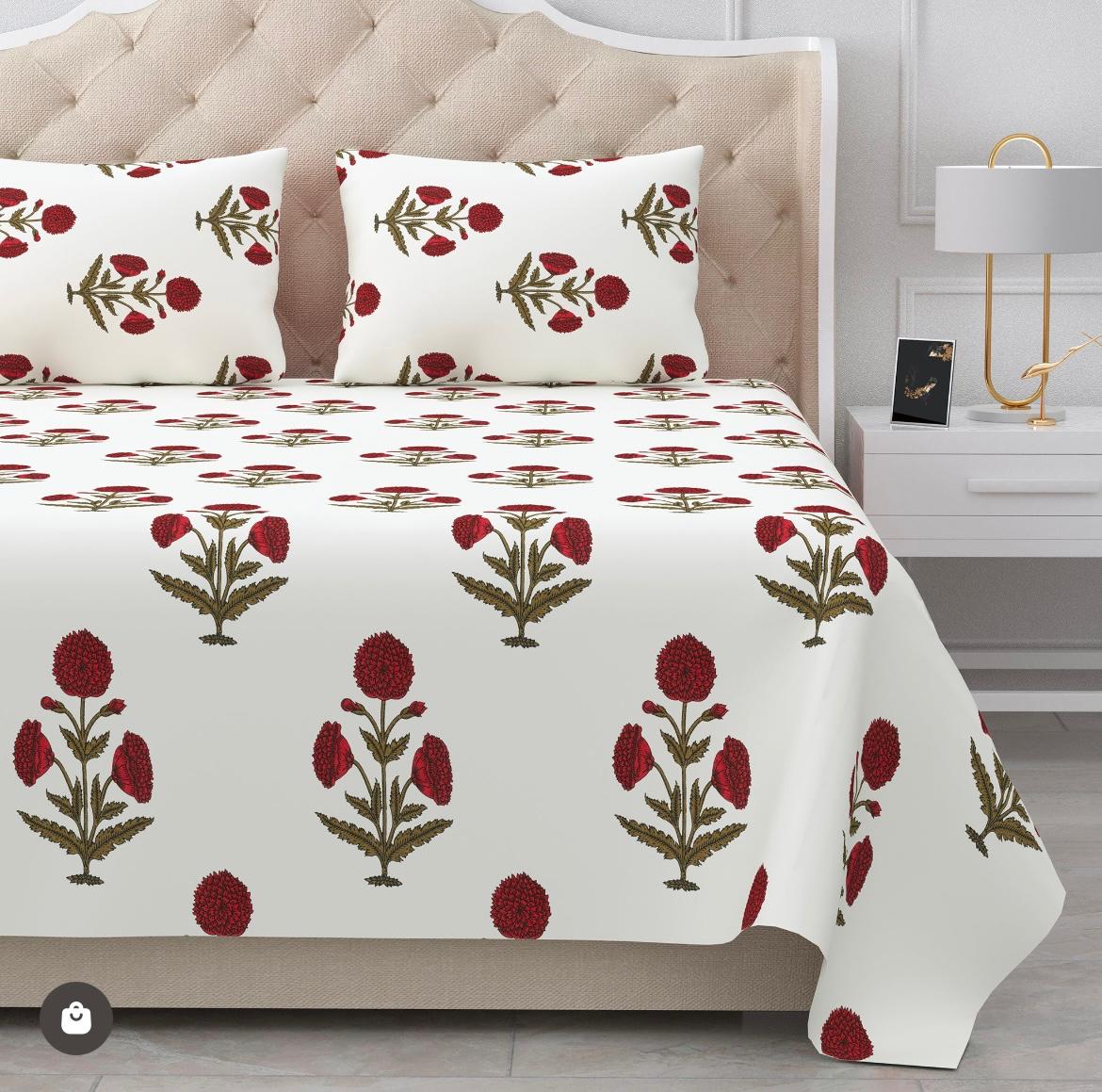 Handblock Cotton Double Bedsheet with 2 Pillow Covers  (93x108 Inches)