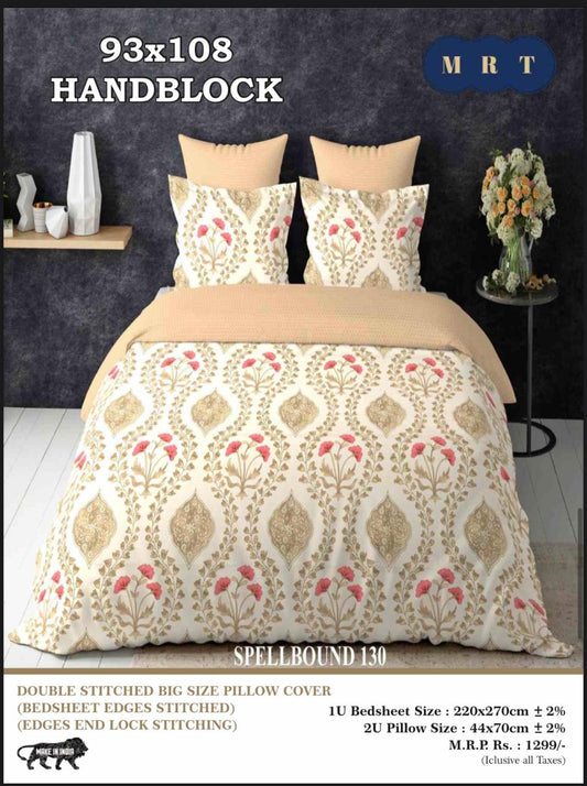 Handblock Cotton Double Bedsheet with 2 Pillow Covers  (93x108 Inches)