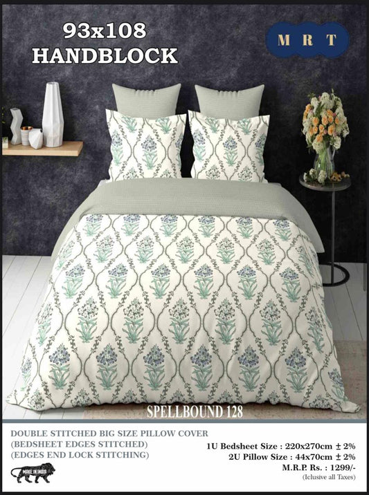 Handblock Cotton Double Bedsheet with 2 Pillow Covers  (93x108 Inches)