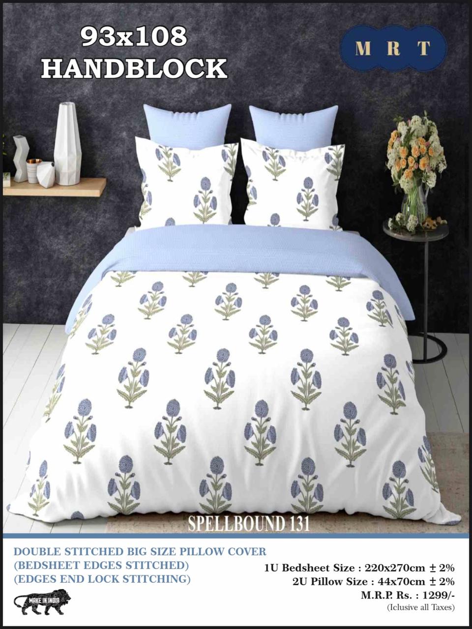Handblock Cotton Double Bedsheet with 2 Pillow Covers  (93x108 Inches)