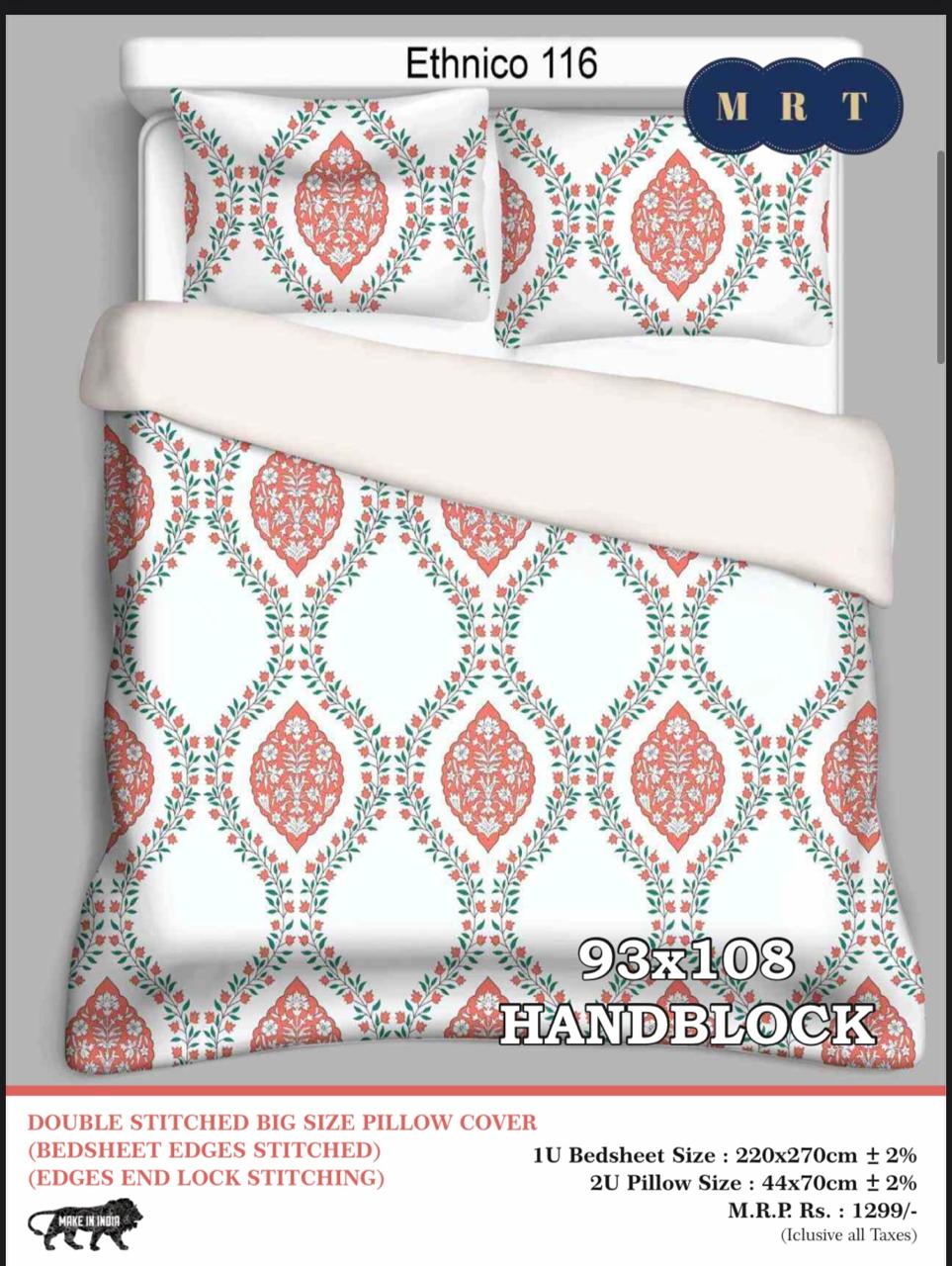 Handblock Cotton Double Bedsheet with 2 Pillow Covers  (93x108 Inches)