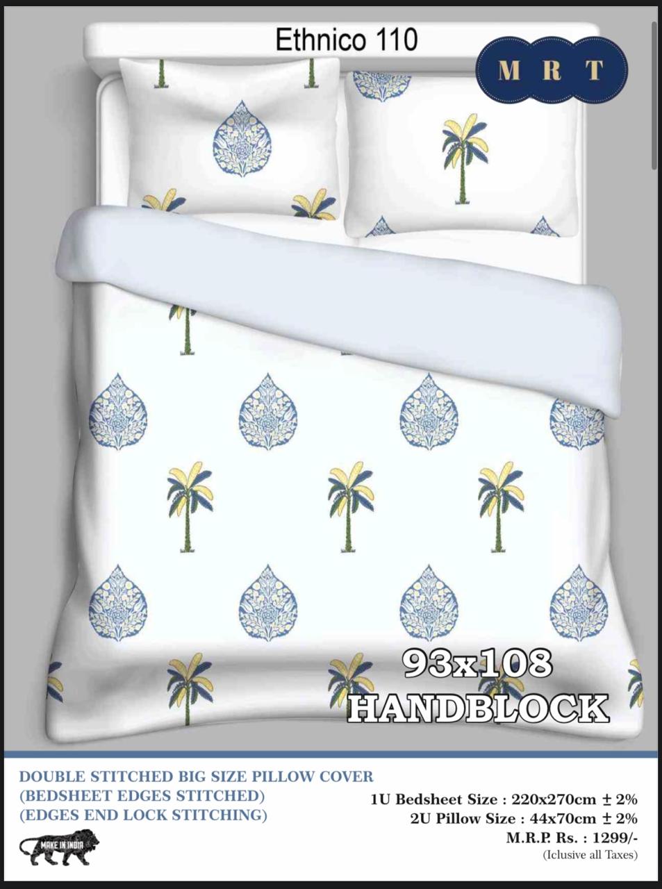 Handblock Cotton Double Bedsheet with 2 Pillow Covers  (93x108 Inches)