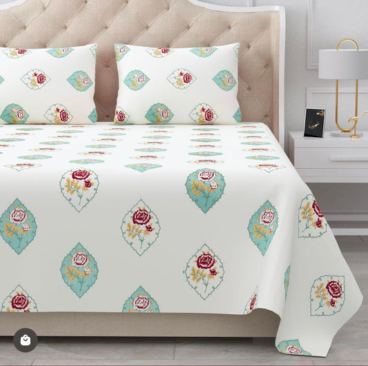 Handblock Cotton Double Bedsheet with 2 Pillow Covers  (93x108 Inches)