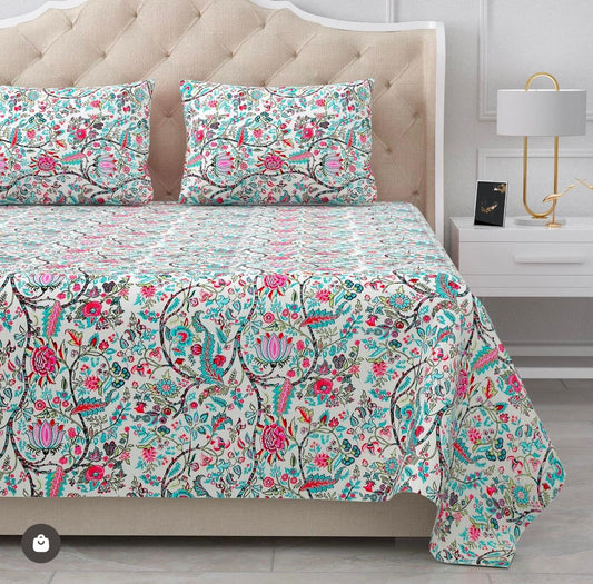 Handblock Cotton Double Bedsheet with 2 Pillow Covers  (93x108 Inches)
