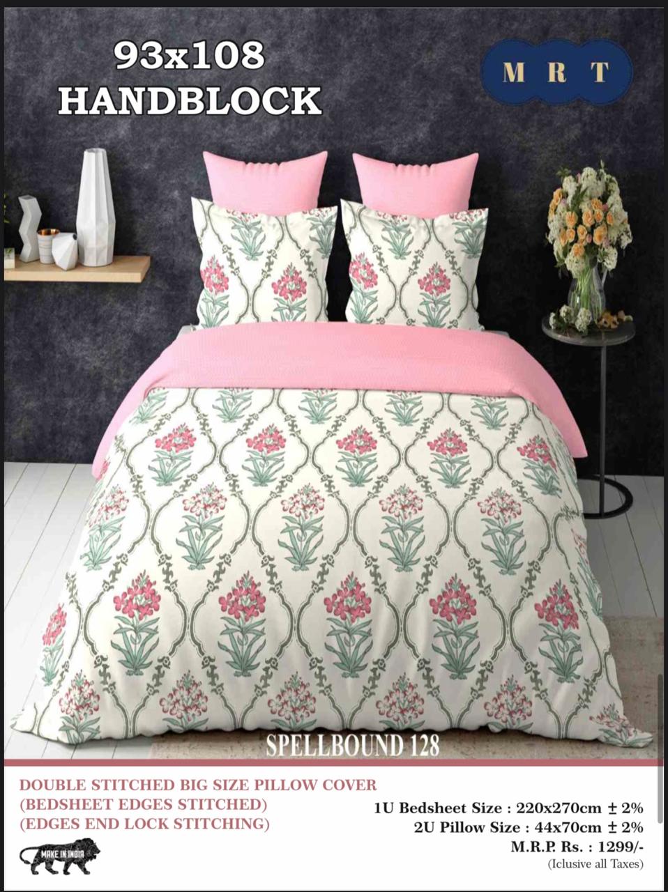 Handblock Cotton Double Bedsheet with 2 Pillow Covers  (93x108 Inches)