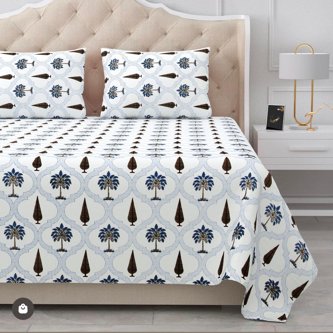 Handblock Cotton Double Bedsheet with 2 Pillow Covers  (93x108 Inches)