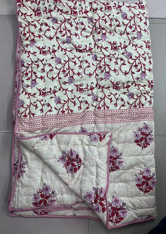 Premium Jaipuri Single Comforter / Razai – Pure Cotton, Floral Print, Lehriya Border (63x90 Inches)
