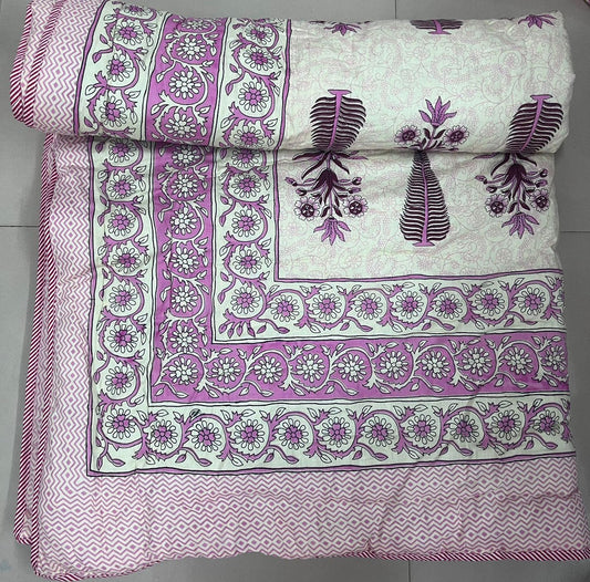 Premium Jaipuri Single Comforter / Razai – Pure Cotton, Floral Print, Lehriya Border (63x90 Inches)