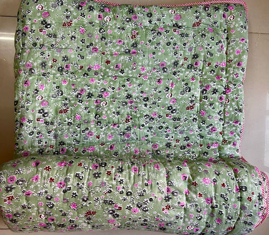 Premium Jaipuri Single Comforter / Razai – Pure Cotton, Floral Print, Lehriya Border (63x90 Inches)