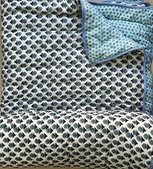 Premium Jaipuri Single Comforter / Razai – Pure Cotton, Floral Print, Lehriya Border (63x90 Inches)