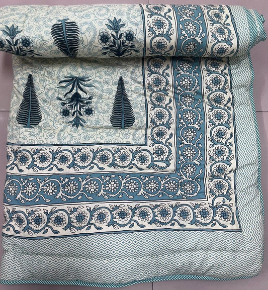 Premium Jaipuri Single Comforter / Razai – Pure Cotton, Floral Print, Lehriya Border (63x90 Inches)