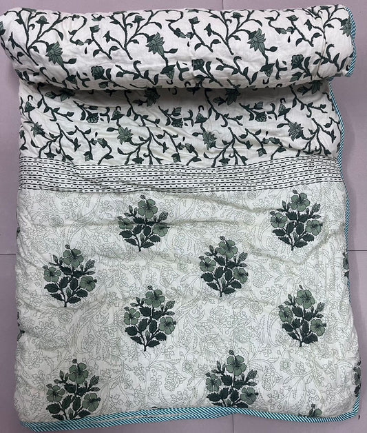 Premium Jaipuri Single Comforter / Razai – Pure Cotton, Floral Print, Lehriya Border (63x90 Inches)