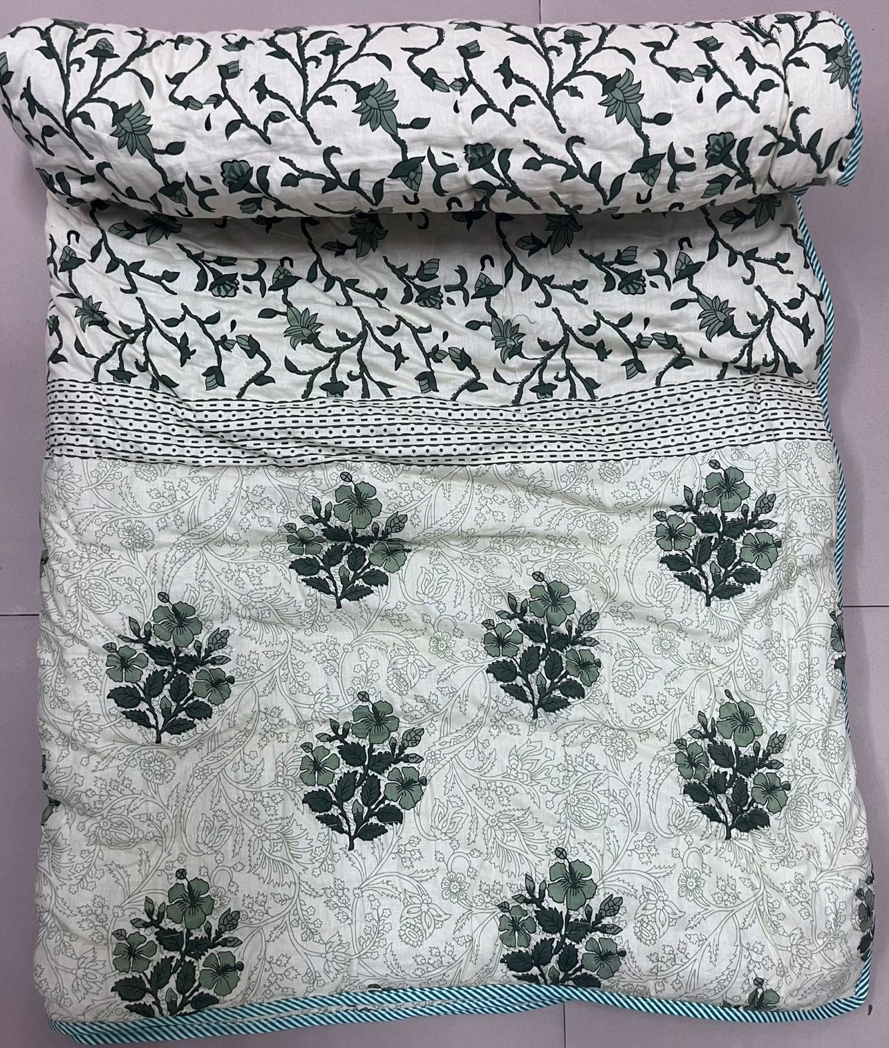 Premium Jaipuri Single Comforter / Razai – Pure Cotton, Floral Print, Lehriya Border (63x90 Inches)