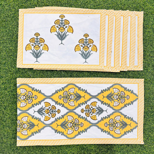 Luxury Hand Block Printed Table Mat Set – 7 Piece Canvas Dining Set