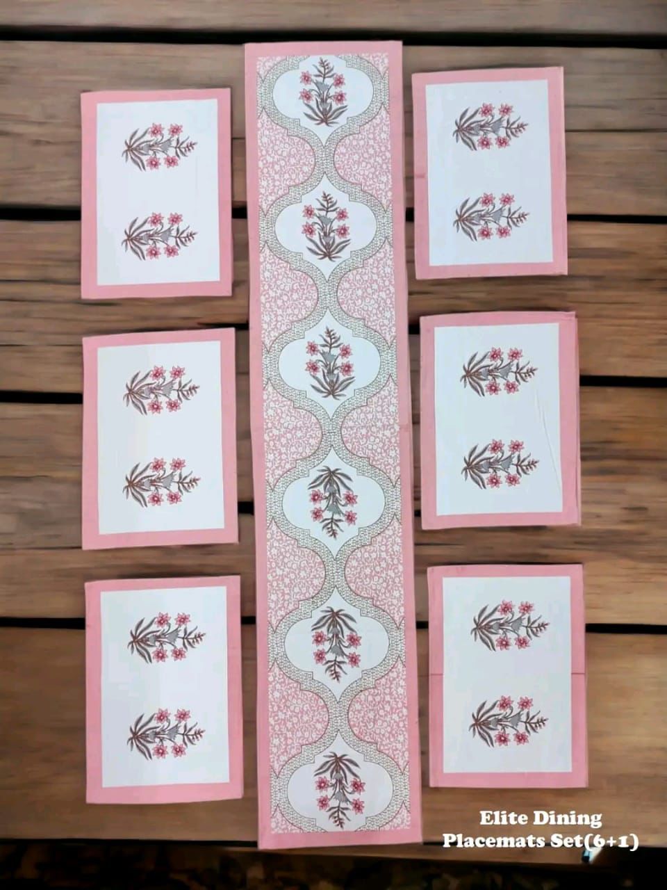 Premium Block Print Table Mat Set – 7 Piece Canvas Fabric | Handcrafted Floral Design