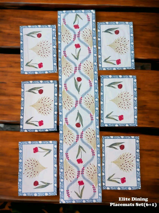 Luxury Hand Block Printed Table Mat Set – 7 Piece Canvas Dining Set