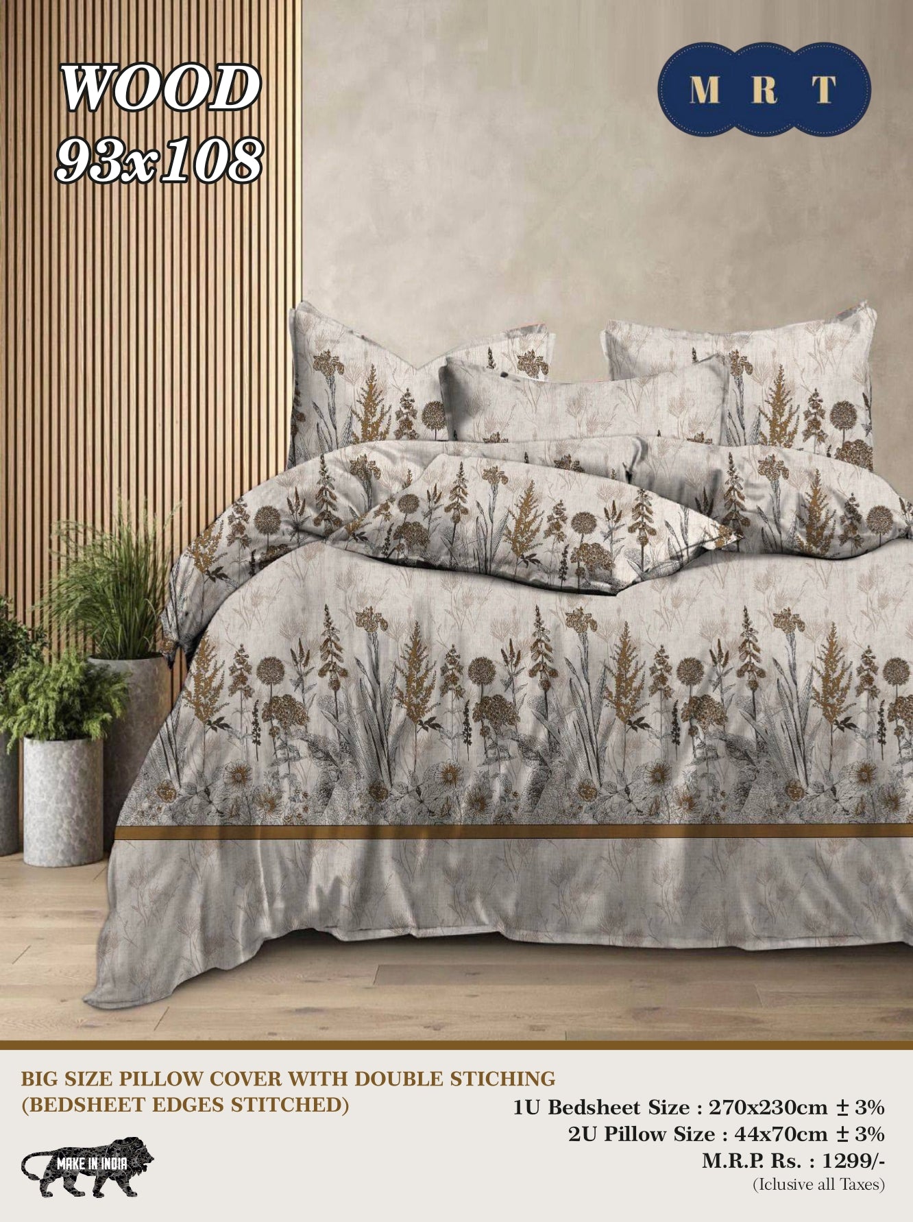 WOOD – Premium Double Bedsheet with Pillow Covers king size bedsheets(93x108 inches / 270x230 cm)